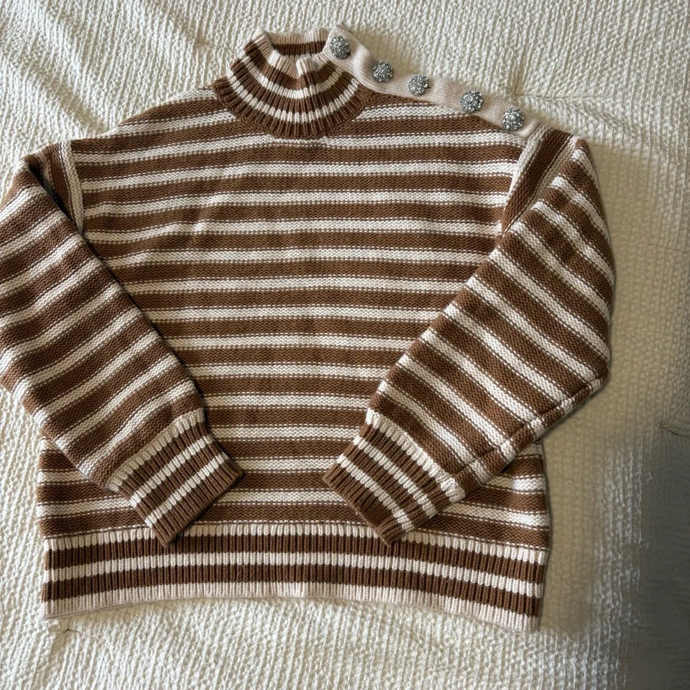 J. Crew striped Cable knit mockneck pullover in jewel bling buttons size L